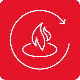 Czerwona ikona z białym symbolem płomienia otoczonym strzałką.