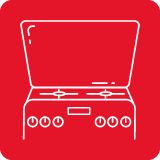 Ikona przedstawia zarys kuchenki z czterema pokrętłami i otwartą pokrywą na czerwonym tle.