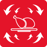 Czerwony kwadratowy symbol z białą grafiką przedstawiającą pieczeń na talerzu, otoczoną strzałkami wskazującymi cyrkulację powietrza.