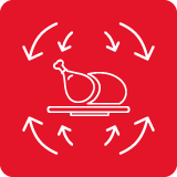 Czerwony kwadratowy symbol z białą grafiką przedstawiającą kawałek mięsa na talerzu, otoczony strzałkami wskazującymi cyrkulację powietrza.