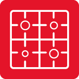 Czerwona ikona przedstawiająca schematyczny rysunek czteropalnikowej płyty grzewczej z białymi liniami.