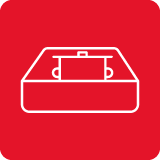 Czerwona ikona z białym konturem garnka umieszczonego na płycie kuchennej.