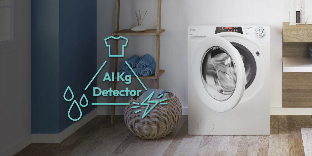 PRALKA CANDY RO 1496DWME 1 Oszczędzaj wodę i prąd AI KG Detector automatycznie dobiera parametry oszczędności