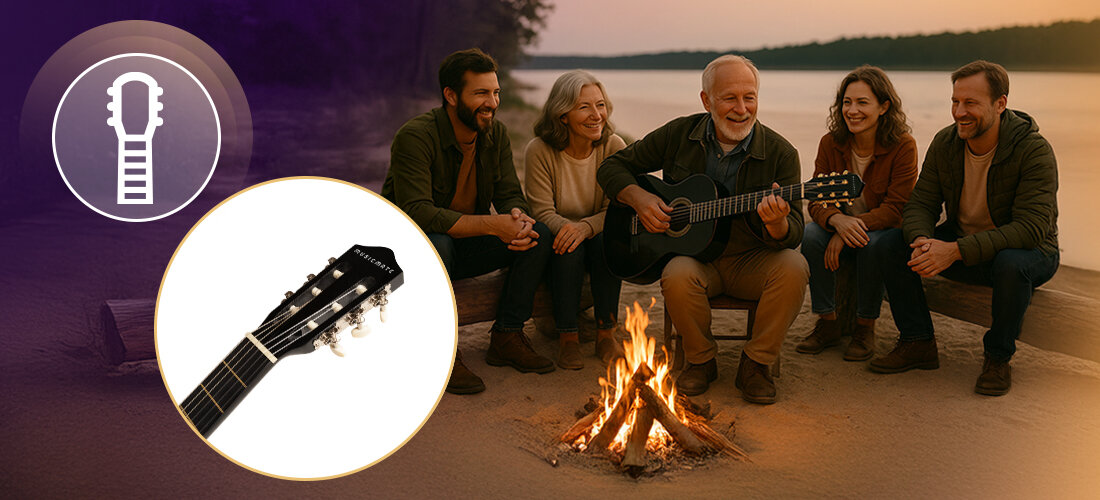 Grupa osób siedzi wokół ogniska, jedna z nich gra na gitarze. Wstawka pokazuje zbliżenie na główkę gitary klasycznej z sześcioma kluczami do strojenia.