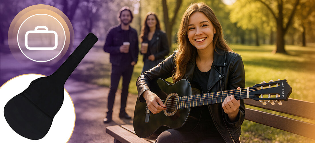 Osoba siedzi na ławce w parku, trzymając czarną gitarę klasyczną. Obok widoczna jest grafika przedstawiająca czarny pokrowiec na gitarę.