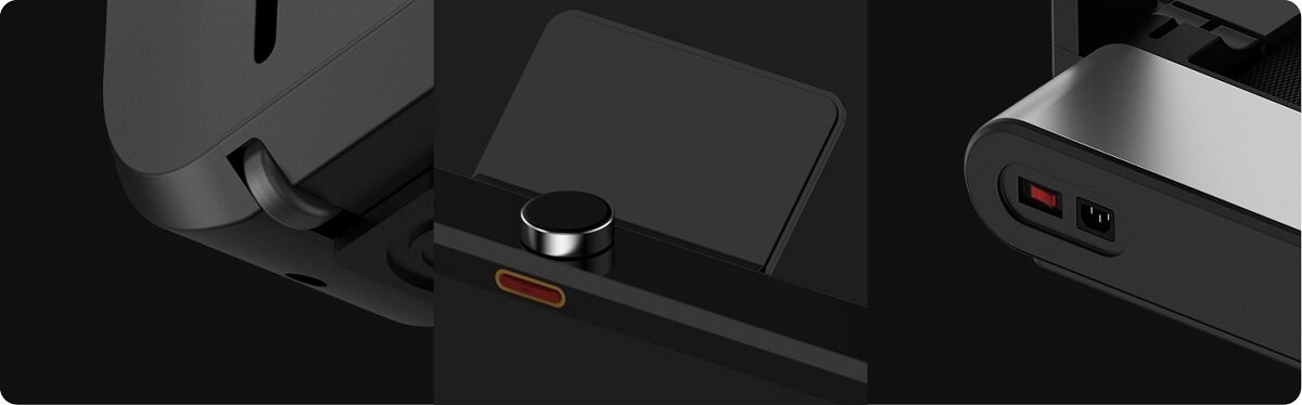 Obraz przedstawia trzy zbliżenia na elementy bieżni elektrycznej. Widać metalowe i plastikowe detale konstrukcji oraz porty zasilania i przycisk.