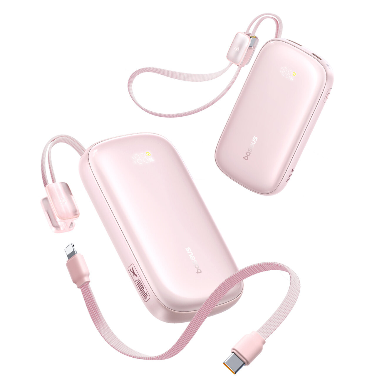 Na obrazie widoczne są dwa różowe power banki z logo \'baseus\', każdy z dołączonym kablem USB-C. Power banki mają zaokrąglone krawędzie i gładką powierzchnię.