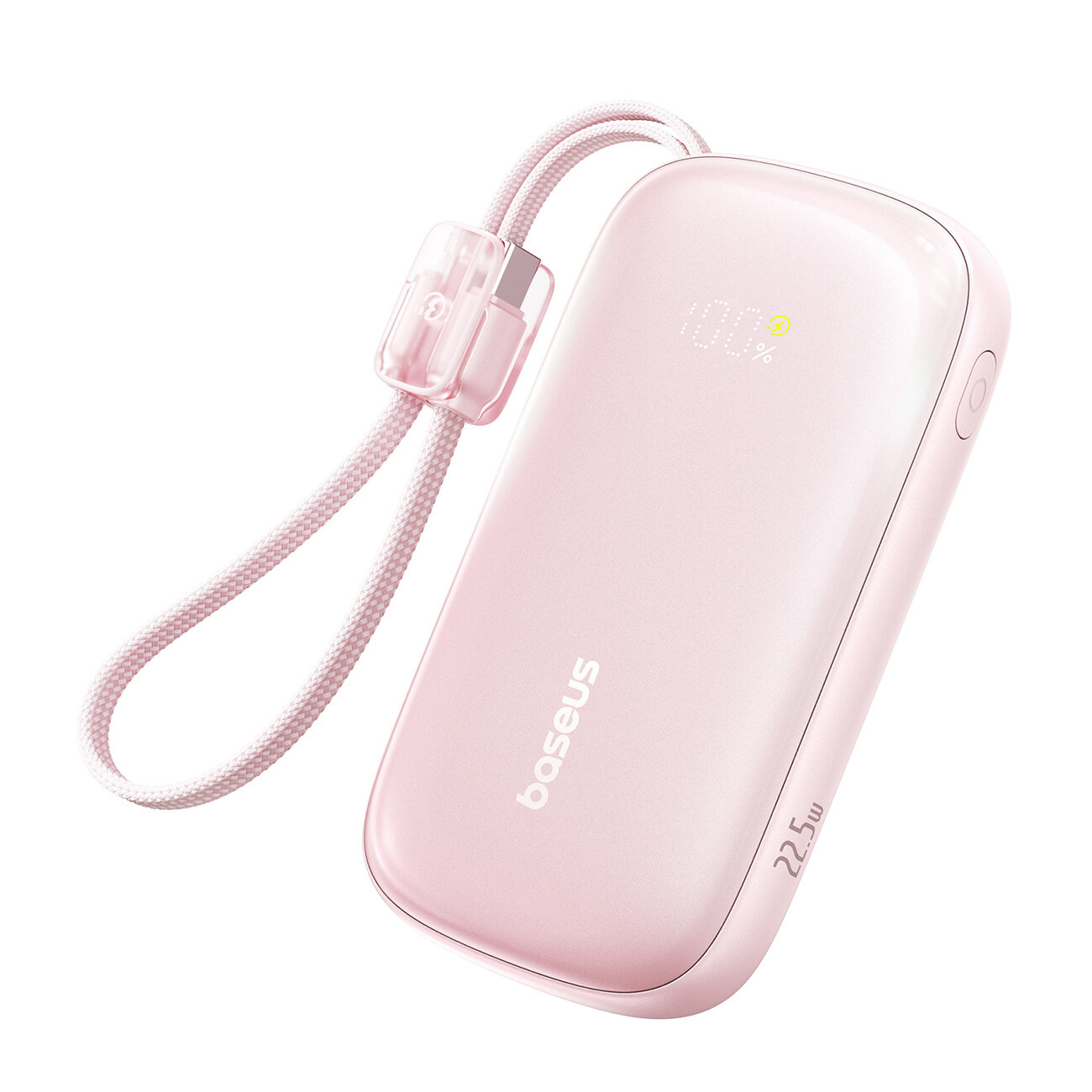 Różowy power bank z wyświetlaczem pokazującym \'100%\' oraz logo \'baseus\'. Urządzenie posiada zaokrąglone krawędzie i dołączony kabel z zapięciem.