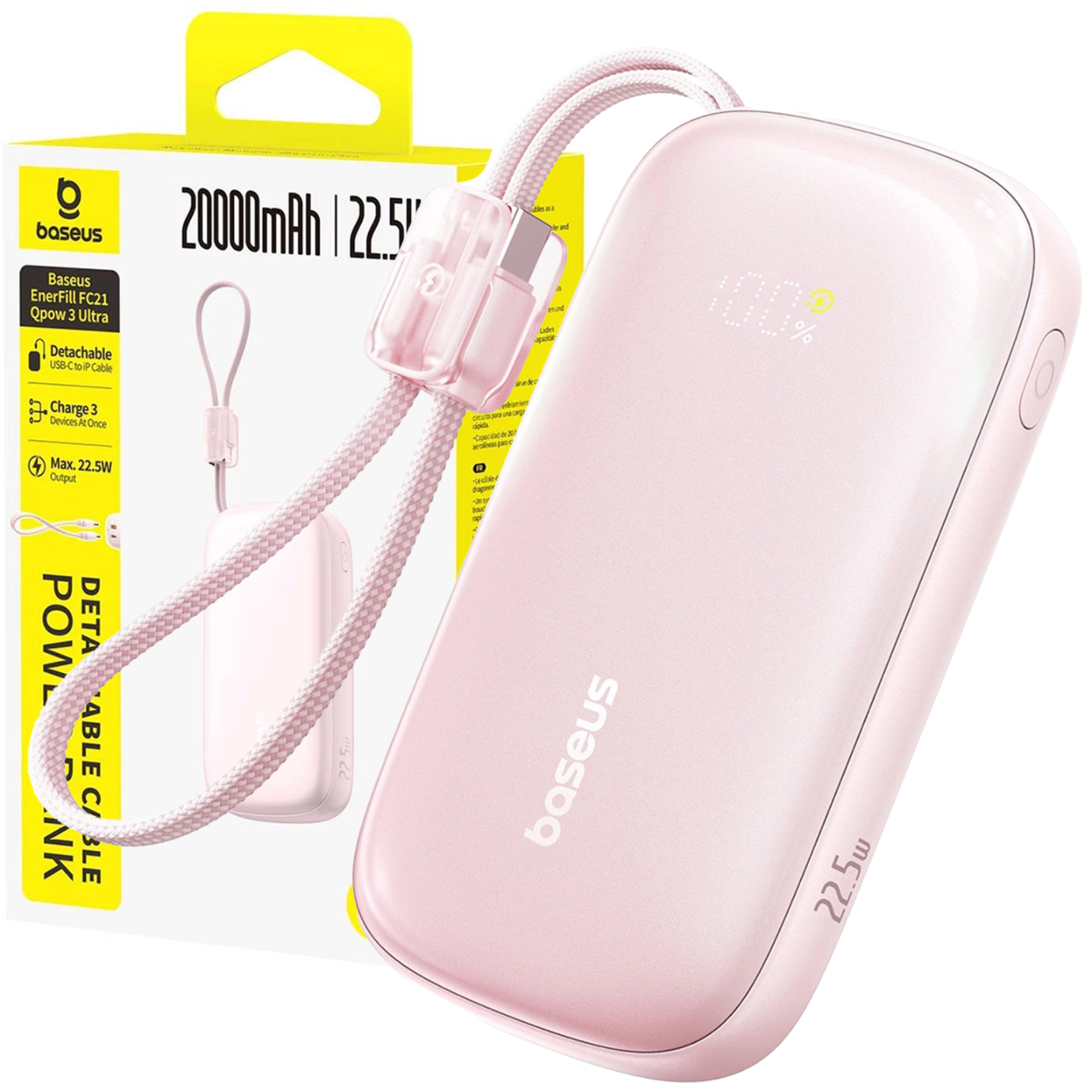 Różowy power bank z logo \'baseus\' i wyświetlaczem pokazującym \'100%\'. W tle widoczne jest opakowanie z napisem \'20000mAh | 22.5W\'.