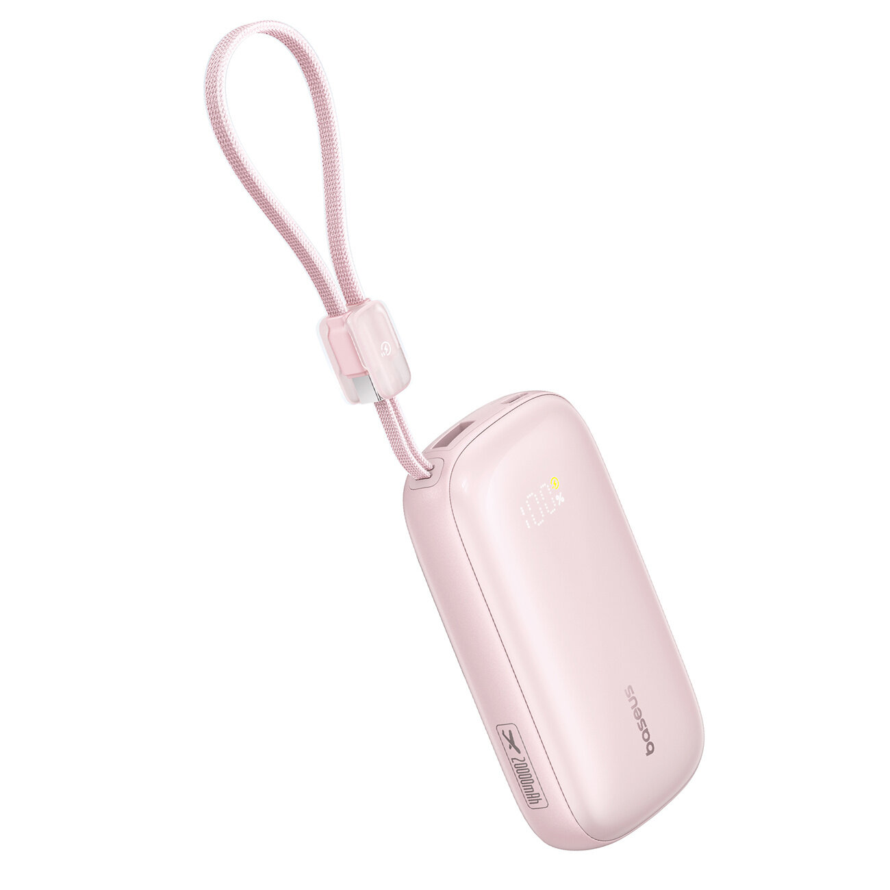 Różowy power bank z napisem \'baseus\' i wskaźnikiem LED na obudowie, wyposażony w pętlę do przenoszenia. Na boku widoczny jest symbol szybkiego ładowania i oznaczenie \'20000mAh\'.