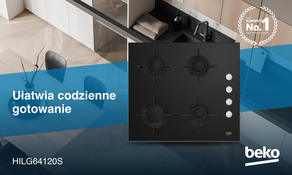 PŁYTA BEKO HILG64120S Na grafice widoczna jest czarna płyta gazowa Beko z czterema palnikami i czterema pokrętłami umieszczonymi pionowo po prawej stronie, zaprezentowana na tle jasnej kuchni z blatem i zlewem. Na niebieskim pasie po lewej stronie umieszczono hasło „Ułatwia codzienne gotowanie”, oznaczenie modelu HILG64120S oraz logo Beko, a w prawym górnym rogu znajduje się znak „Europe’s No.1”.