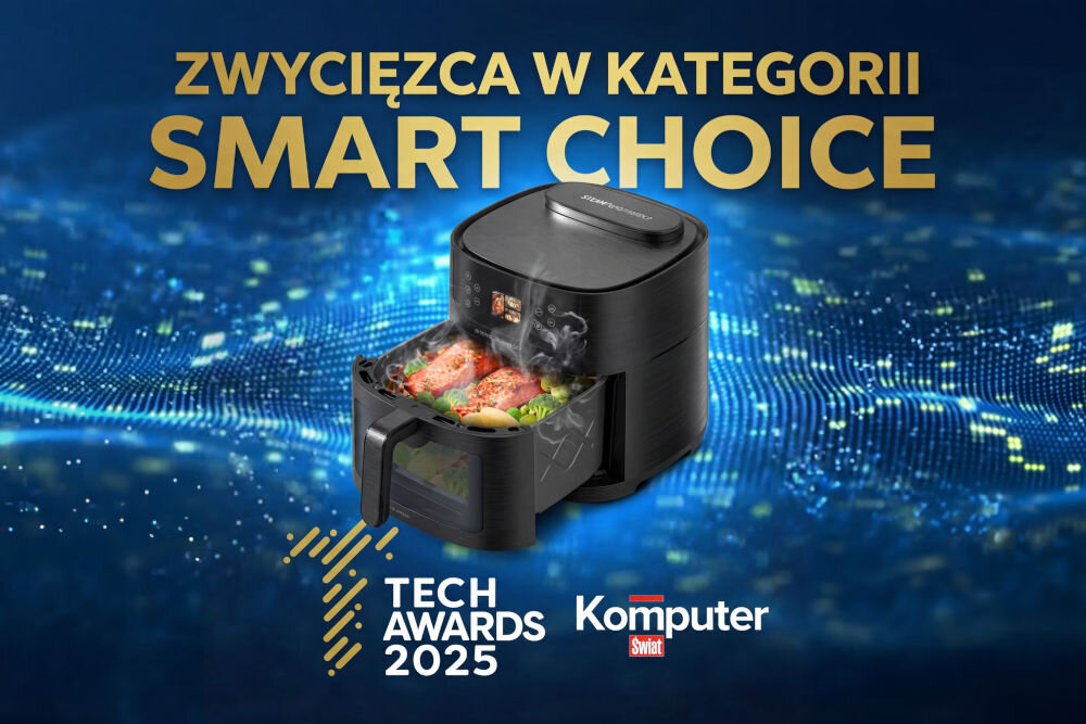 Na obrazie widoczna jest czarna frytkownica beztłuszczowa z otwartą szufladą, w której znajdują się potrawy. Tekst na obrazie: \'ZWYCIĘZCA W KATEGORII SMART CHOICE TECH AWARDS 2025 Komputer Świat\'.