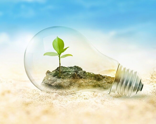 Żarówka leży na piasku, a wewnątrz niej znajduje się mała roślina wyrastająca z ziemi. Tło jest rozmyte, w odcieniach niebieskiego i białego, przypominające niebo.