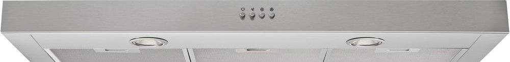Obraz przedstawia stalowy okap kuchenny z dwoma okrągłymi światłami i pięcioma przyciskami na panelu sterowania.