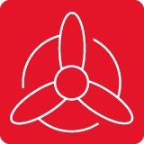 Czerwona ikona z białym symbolem trójramiennego wentylatora.