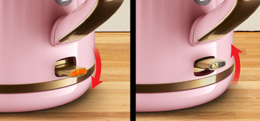 Obraz przedstawia różowy czajnik z brązowymi elementami na drewnianej podłodze. Widać dwa ujęcia czajnika z różnymi wskaźnikami świetlnymi i czerwonymi strzałkami wskazującymi na przełączniki.