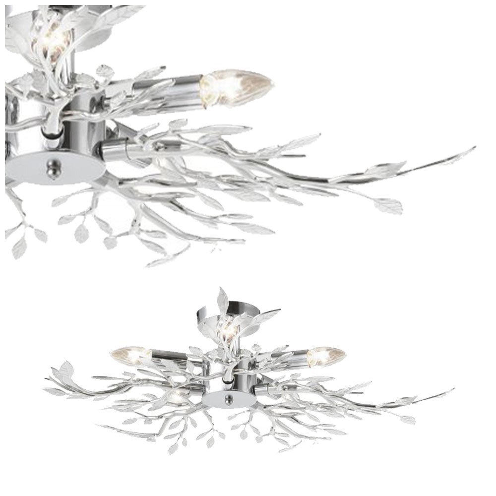 Lampa sufitowa z chromowanymi elementami i pięcioma żarówkami w kształcie świec, ozdobiona metalowymi gałązkami z liśćmi. Całość ma nowoczesny design i jest przeznaczona do oświetlenia wnętrz.
