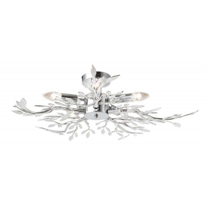 Lampa sufitowa o chromowanym wykończeniu z pięcioma żarówkami w kształcie świec, otoczona dekoracyjnymi elementami przypominającymi liście. Konstrukcja jest nowoczesna i stylowa, idealna do salonu lub sypialni.