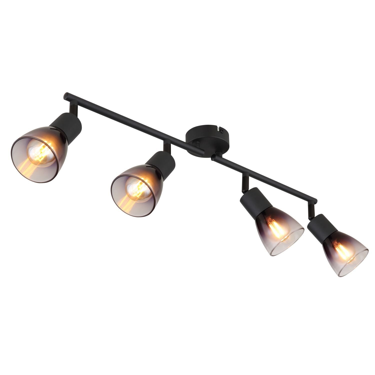 Czarny reflektor sufitowy z czterema punktami świetlnymi, każdy z przezroczystym kloszem i widoczną żarówką. Lampa ma nowoczesny design i jest przeznaczona do montażu na suficie.