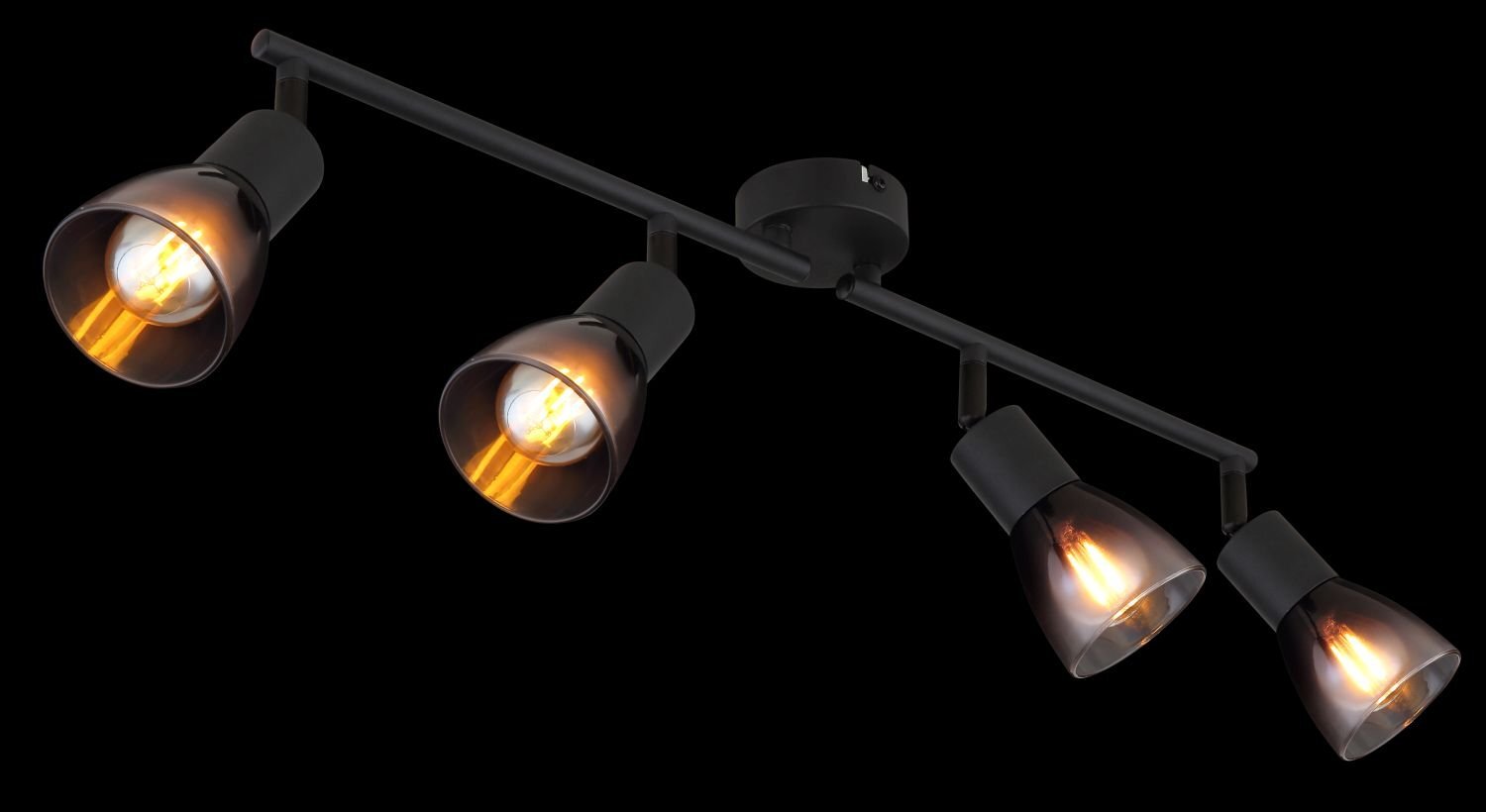 Czarny reflektor sufitowy z czterema punktami świetlnymi, każdy z przezroczystym kloszem i widoczną żarówką wewnątrz. Lampa ma nowoczesny design i jest przeznaczona do montażu na suficie.