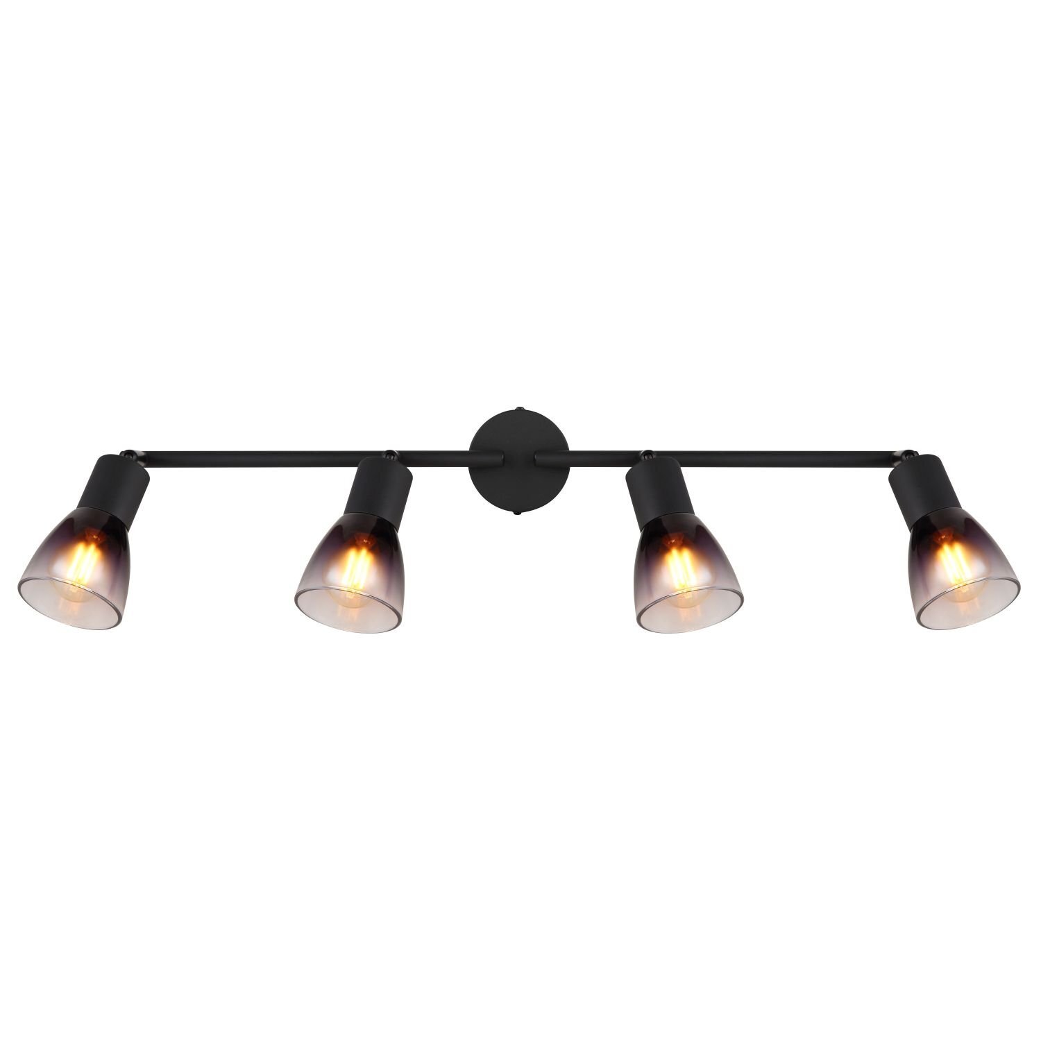 Czarny reflektor sufitowy z czterema punktami świetlnymi, każdy z przezroczystym kloszem w kształcie stożka. Lampa ma nowoczesny design i jest zamontowana na prostym, poziomym ramieniu.