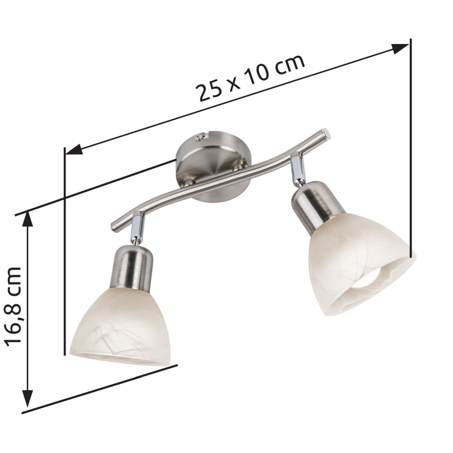 Na obrazie widoczny jest reflektor sufitowy z dwoma kloszami w kolorze białym, zamontowany na metalowej podstawie. Obok lampy znajdują się wymiary: 25 x 10 cm oraz 16,8 cm.