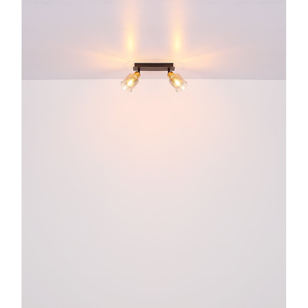 Na suficie zamontowany jest reflektor sufitowy z dwoma źródłami światła, które emitują ciepłe, rozproszone światło. Reflektor ma czarną i złotą matową obudowę z przydymionymi szklanymi kloszami.
