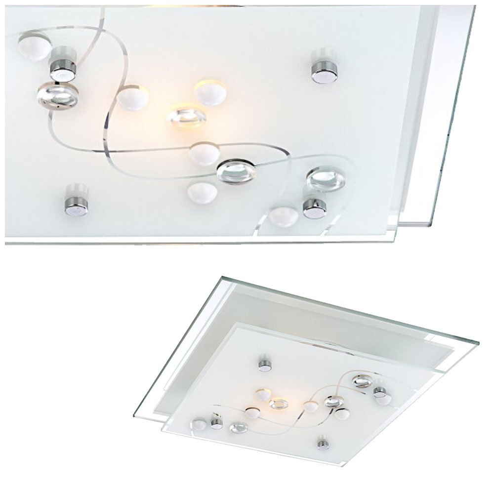 Lampa sufitowa o kwadratowym kształcie z satynowanego szkła z chromowanymi elementami i ozdobnymi kryształkami. Na powierzchni widoczne są dwa źródła światła oraz dekoracyjne linie i okrągłe elementy.