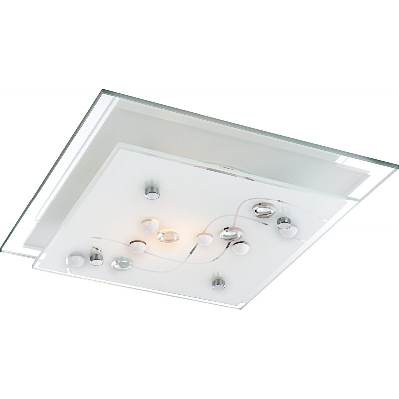 Kwadratowa lampa sufitowa z satynowanego szkła z chromowanymi elementami i ozdobnymi kryształkami. Posiada kilka punktów świetlnych z żarówkami E27.
