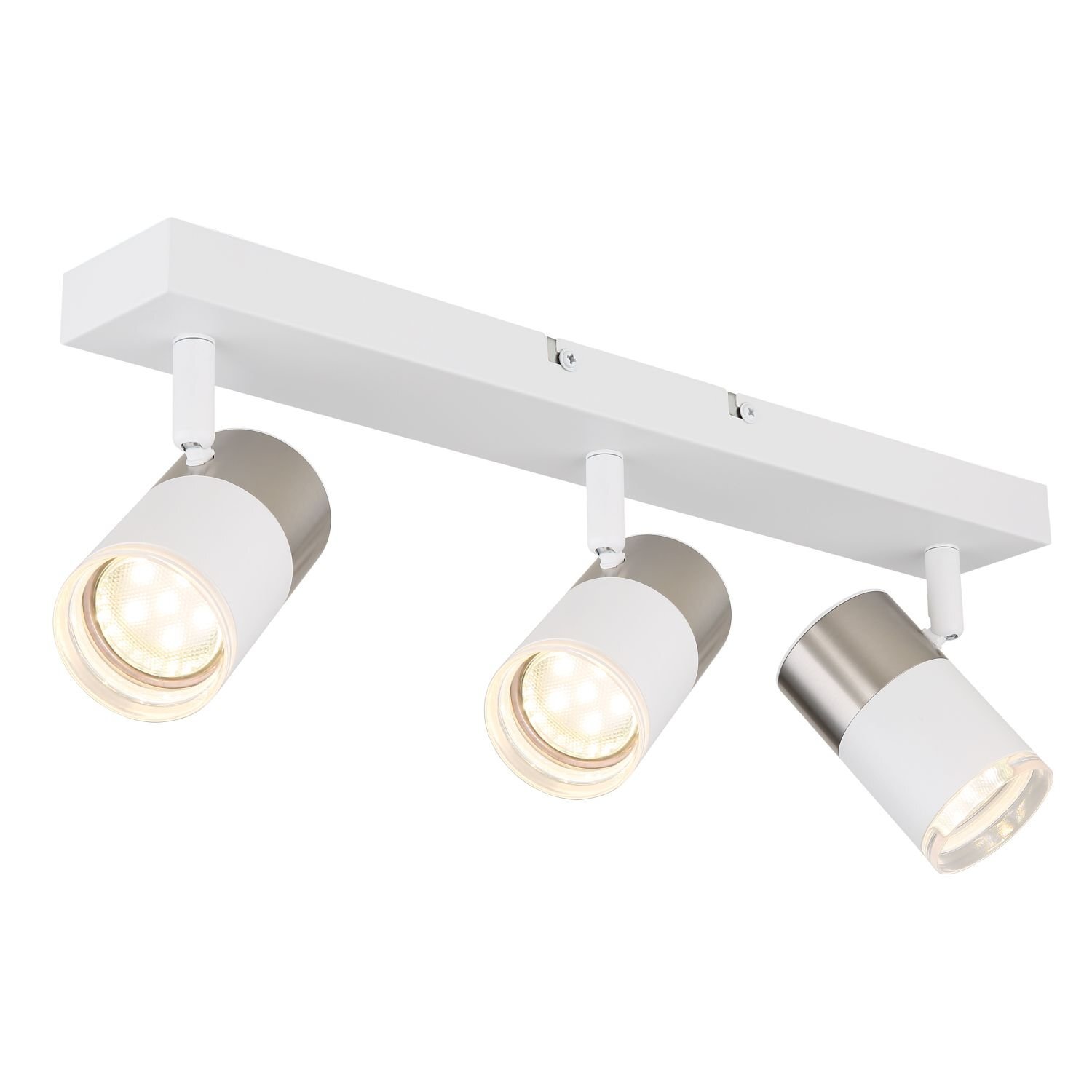 Na obrazie widoczna jest lampa sufitowa z trzema reflektorami w kolorze białym i srebrnym, zamontowana na prostokątnej podstawie. Reflektory są skierowane w różnych kierunkach, co pozwala na regulację oświetlenia.