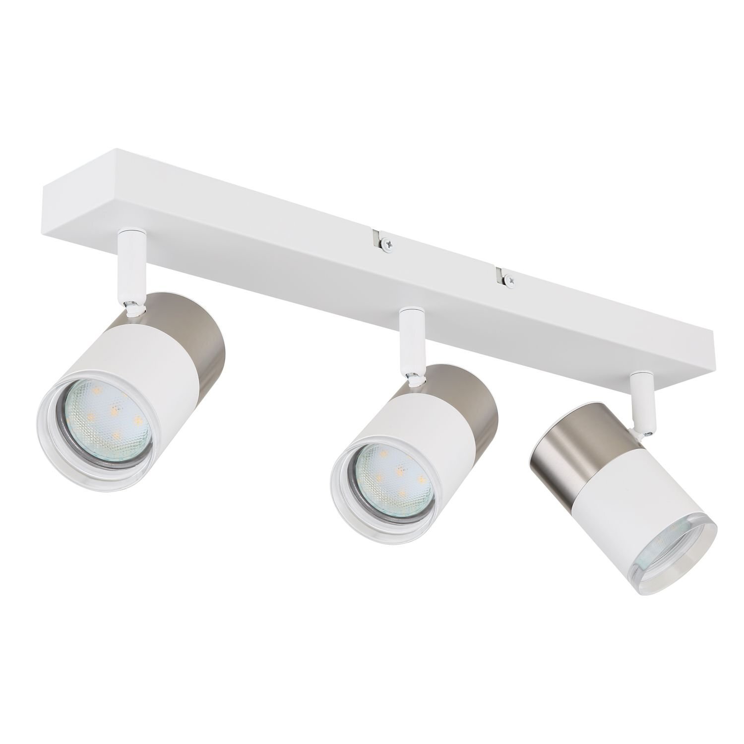 Lampa sufitowa z trzema reflektorami w cylindrycznym kształcie, zamontowana na prostokątnej podstawie. Reflektory są w kolorze białym z metalicznymi akcentami.