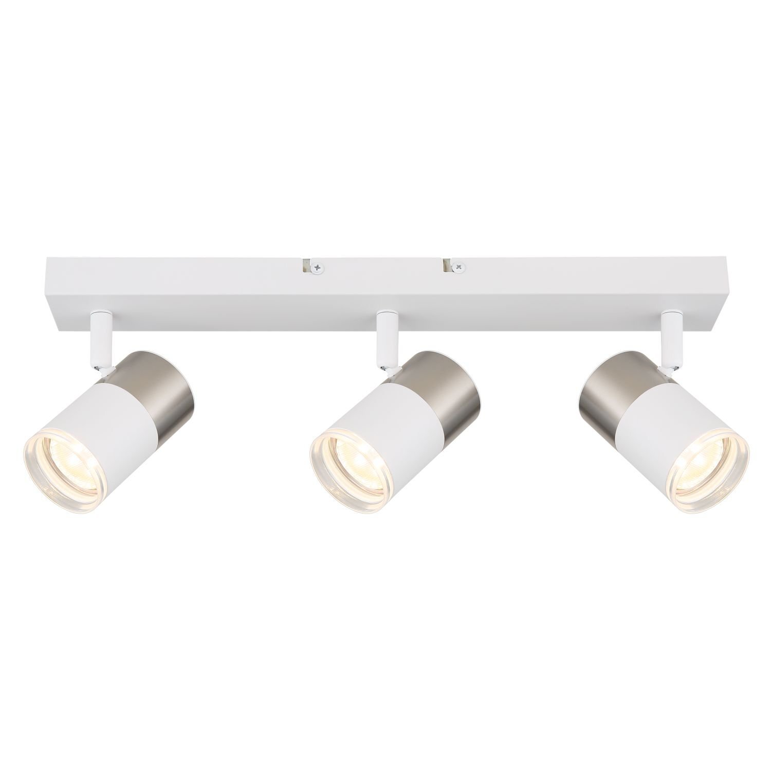 Na obrazie widoczna jest biała lampa sufitowa z trzema reflektorami w kształcie cylindrów, które mają srebrne wykończenia. Reflektory są zamontowane na prostokątnej podstawie.