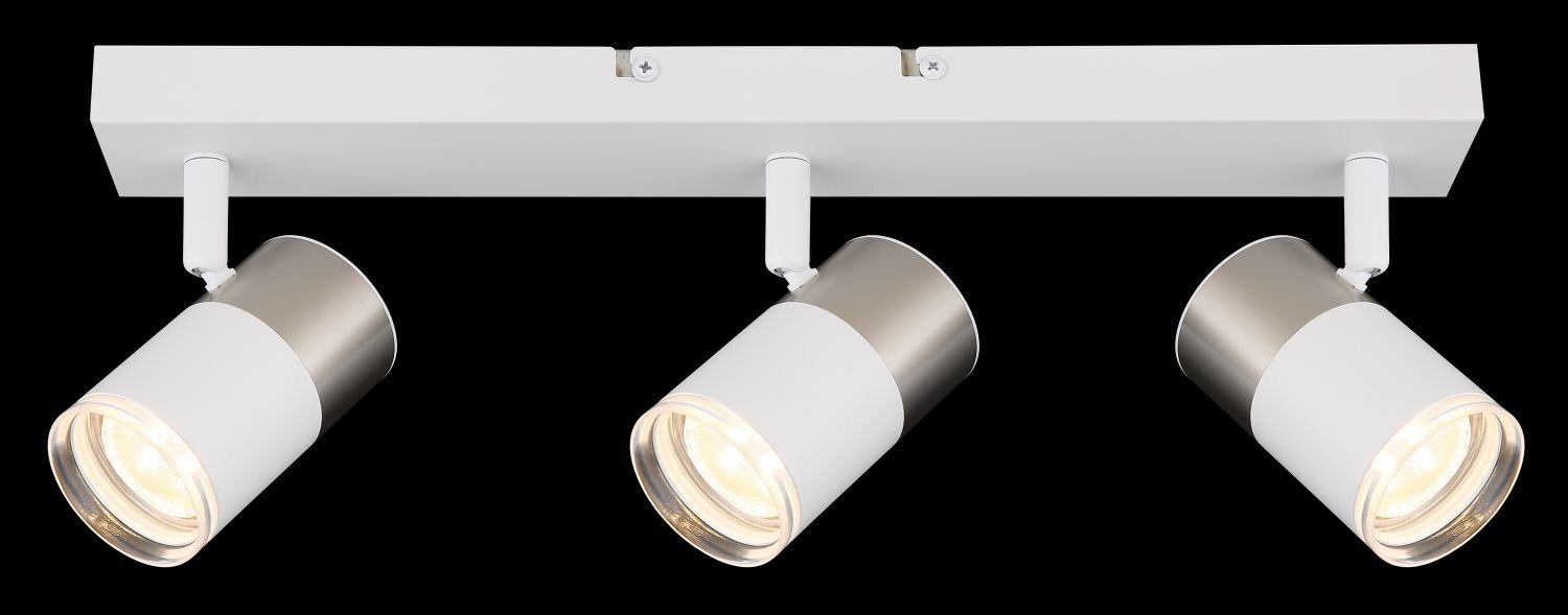 Na obrazie widoczna jest lampa sufitowa z trzema reflektorami w kształcie cylindrów, zamontowana na prostokątnej listwie. Reflektory mają biało-srebrne wykończenie i są skierowane w różnych kierunkach.