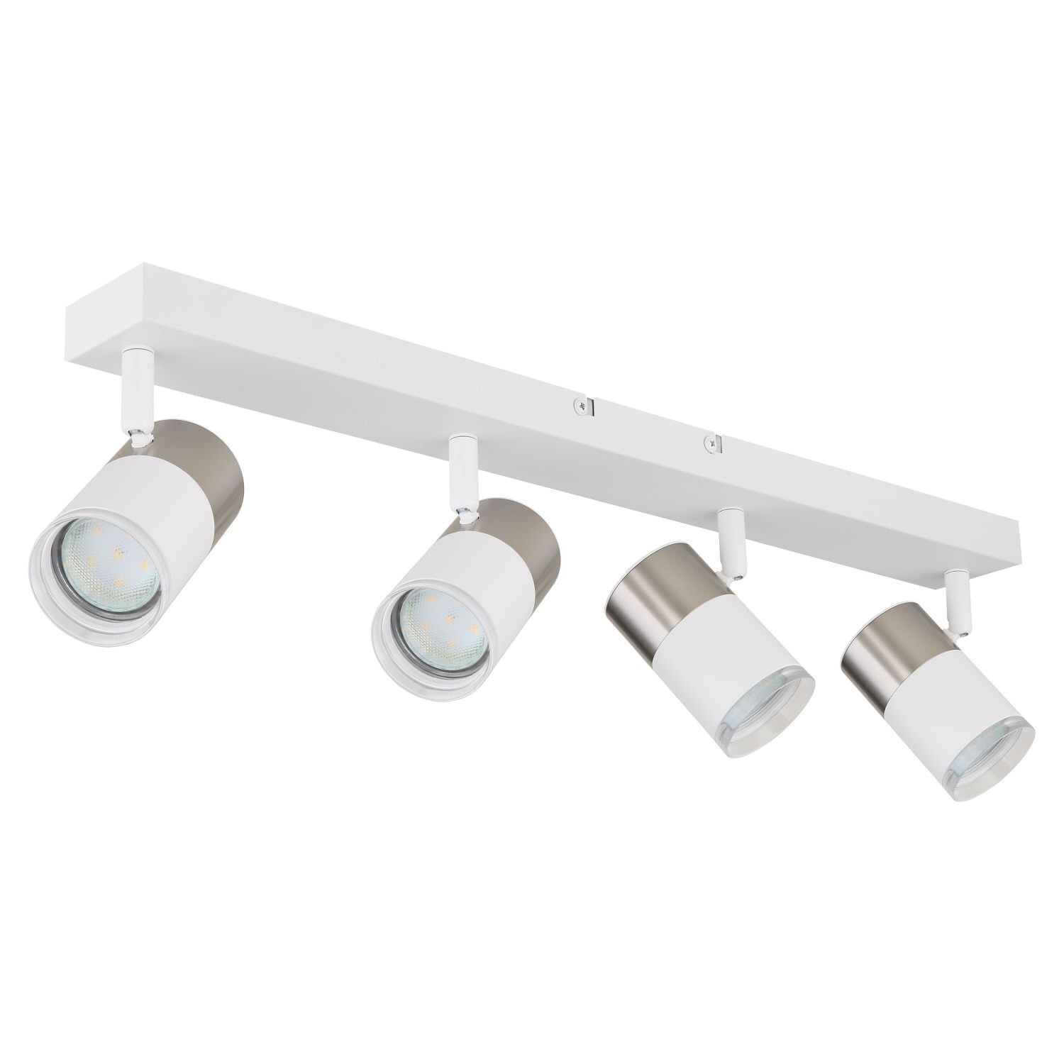Na obrazie widoczny jest biały reflektor sufitowy z czterema regulowanymi źródłami światła w kształcie cylindrów. Każdy z reflektorów ma srebrne wykończenie na końcach.