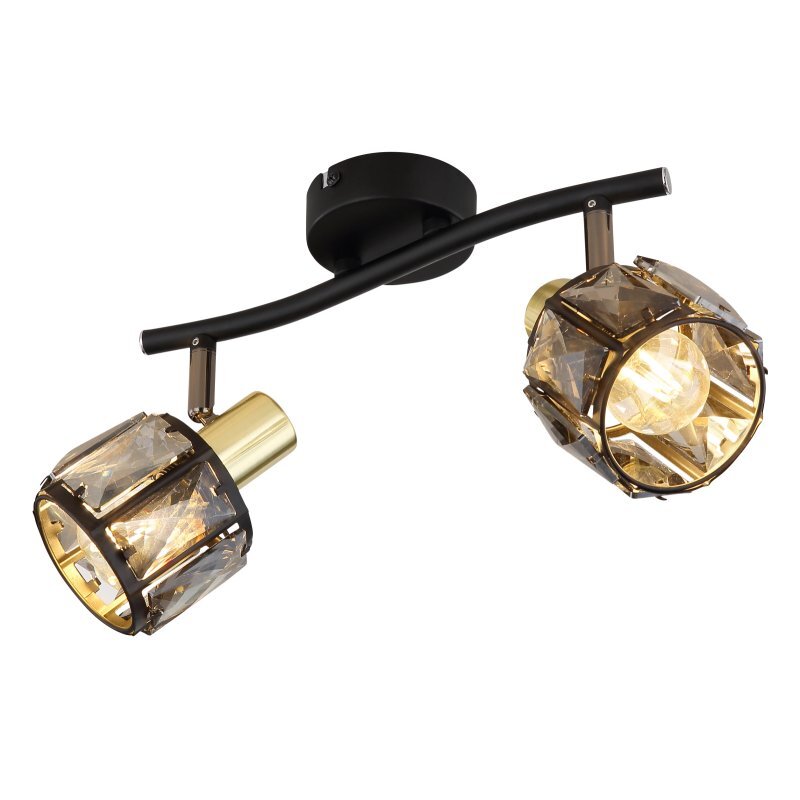 Lampa sufitowa z dwoma źródłami światła, posiada czarną matową podstawę i złote matowe elementy. Klosze wykonane są z przydymionego szkła z kryształowymi detalami.