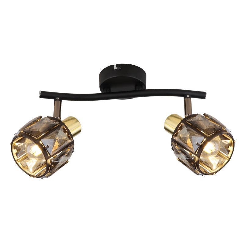 Lampa sufitowa z dwoma źródłami światła, posiada czarną matową podstawę i złote matowe elementy. Klosze wykonane są z przydymionego szkła z kryształowym wykończeniem.