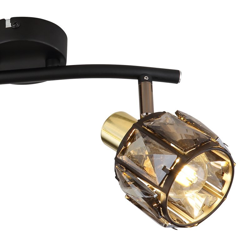 Lampa sufitowa z czarnym matowym uchwytem i złotym matowym wykończeniem, posiada szklane przydymione kryształy otaczające źródło światła.