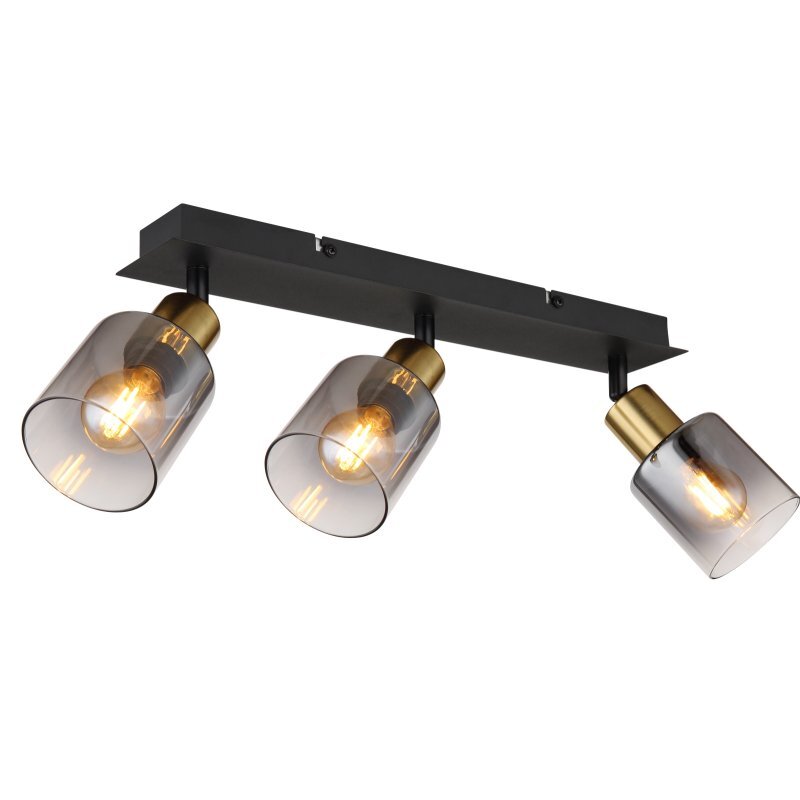 Lampa sufitowa z trzema reflektorami, wykonana z czarnego i złotego matowego metalu, z przydymionymi szklanymi kloszami. Każdy reflektor zawiera żarówkę typu E14.