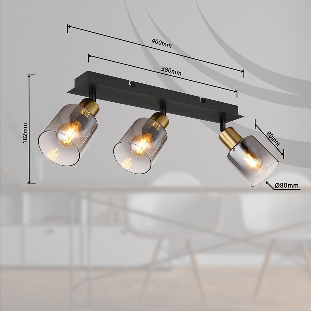 Lampa sufitowa z trzema reflektorami, czarna z matowym złotym wykończeniem i przydymionymi szklanymi kloszami. Wymiary: 400 mm długości, 182 mm wysokości, klosze o średnicy 80 mm.