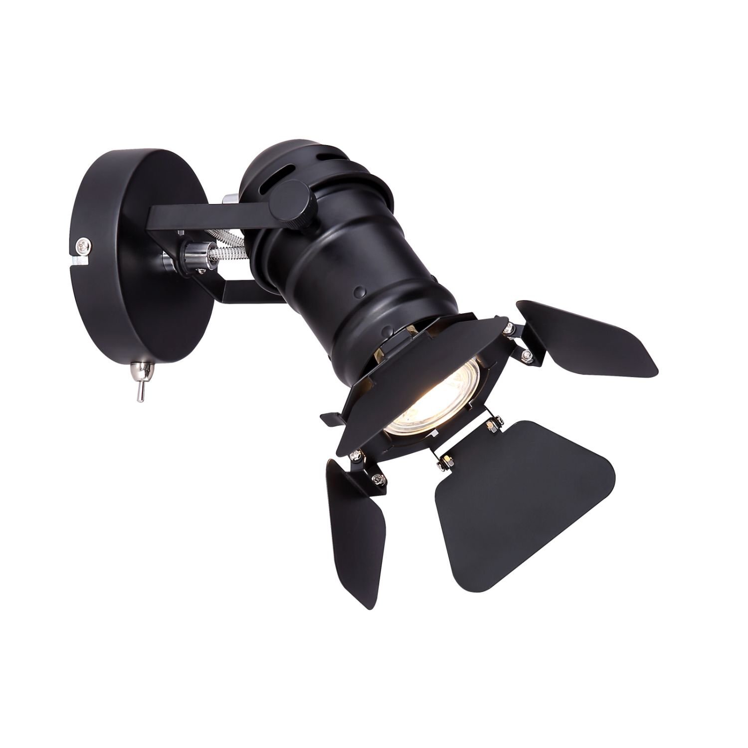 Czarna, nowoczesna lampa sufitowa w stylu reflektora z regulowanymi klapami wokół źródła światła. Lampa jest zamontowana na okrągłej podstawie z metalowym ramieniem.