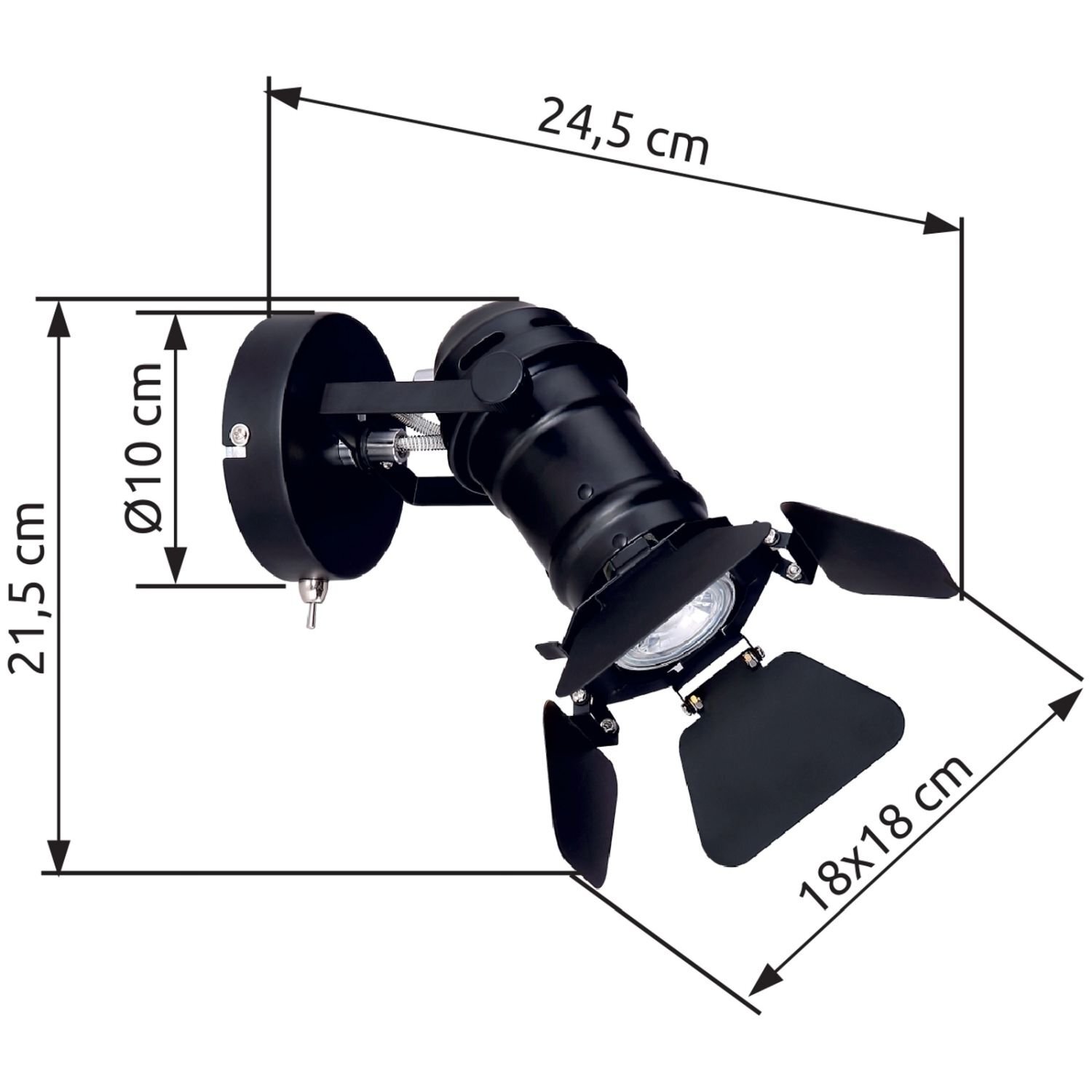 Czarna lampa sufitowa reflektor z regulowanym kierunkiem światła, o wymiarach 24,5 cm długości, 21,5 cm wysokości, średnicy 10 cm i wymiarach klosza 18x18 cm. Widoczne są elementy montażowe i logo producenta.