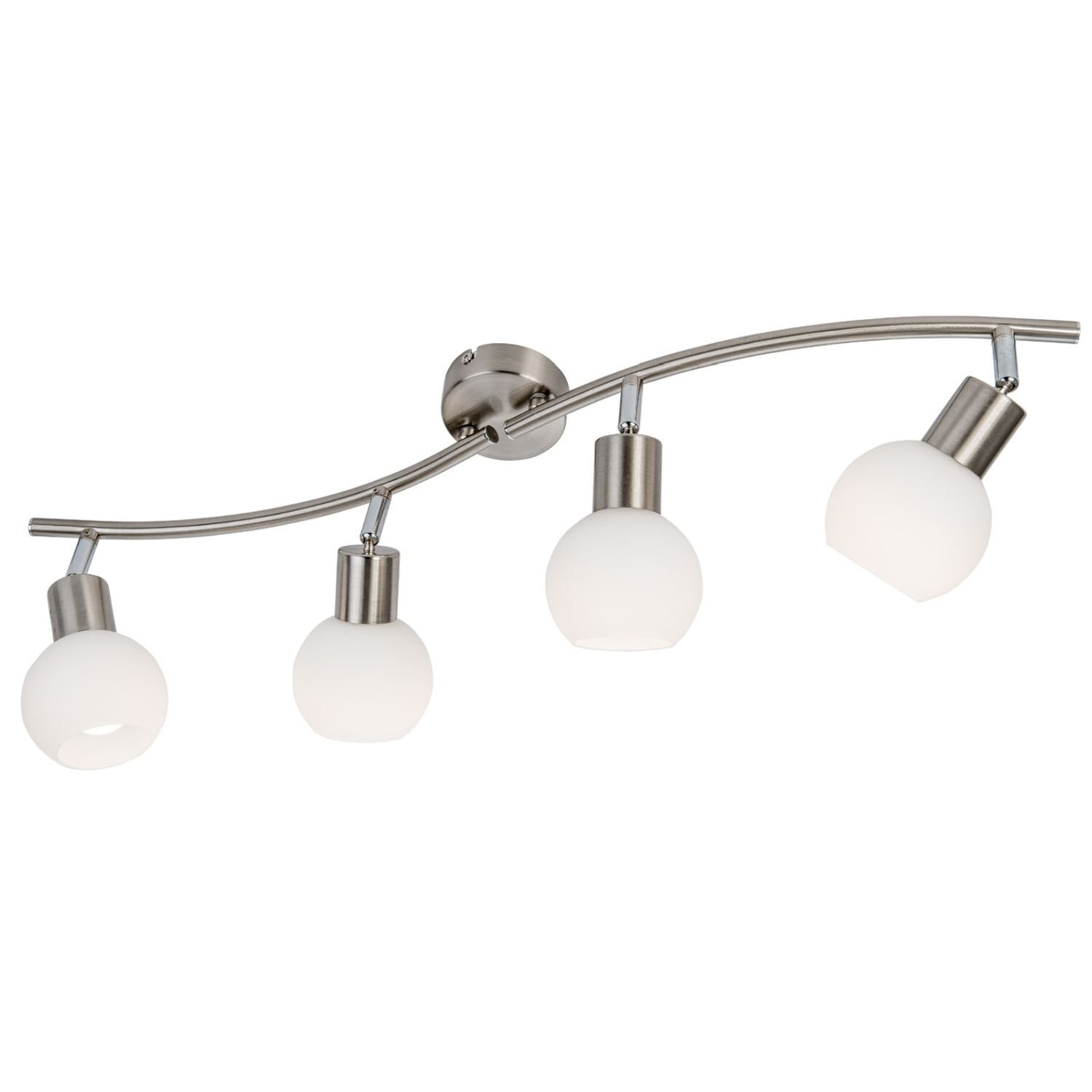 Lampa reflektorowa z czterema białymi kloszami na metalowej, zakrzywionej listwie. Klosze są zamocowane na krótkich, ruchomych ramionach.