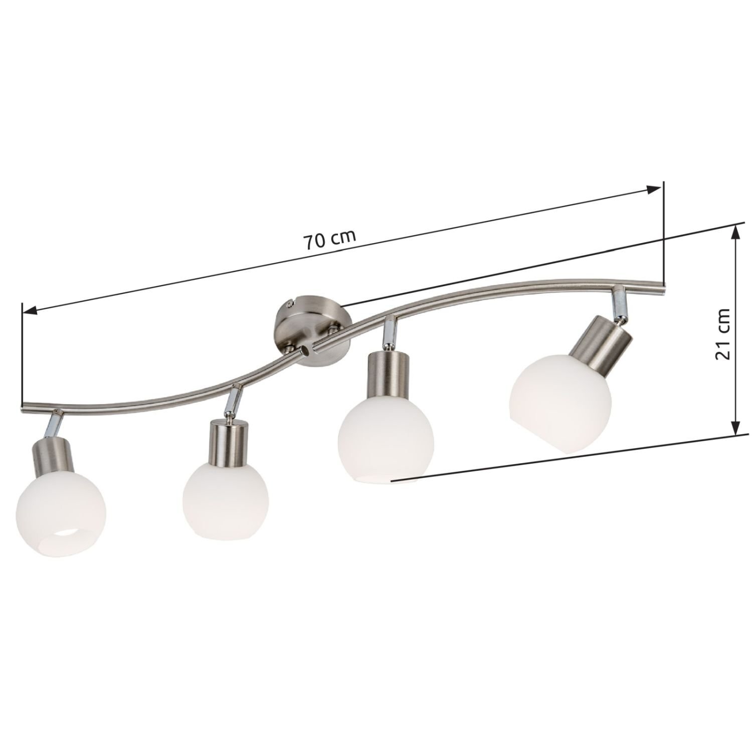 Lampa reflektorowa z czterema białymi kloszami na metalowej listwie o długości 70 cm i wysokości 21 cm.