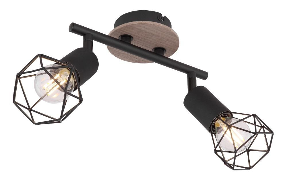 Lampa sufitowa z dwoma źródłami światła w czarnych metalowych oprawach z geometrycznymi kloszami, zamontowana na drewnianej podstawie.