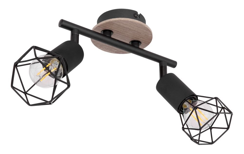 Lampa sufitowa z dwoma źródłami światła w czarnych, metalowych oprawach z geometrycznymi kloszami. Podstawa lampy wykonana z brązowego drewna.