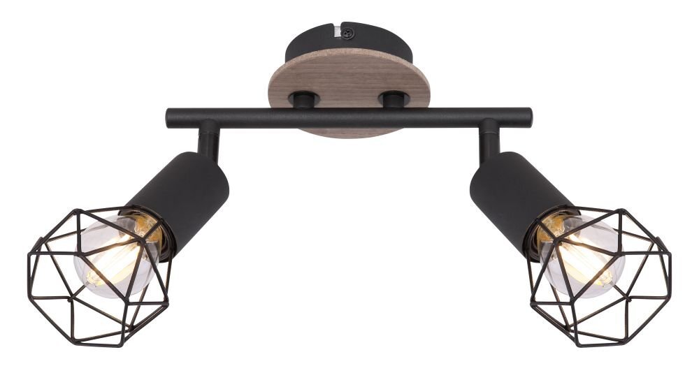 Lampa sufitowa z dwoma reflektorami w czarnym kolorze, wykonana z metalu i brązowego drewna. Każdy reflektor ma klosz w formie metalowej siatki, odsłaniający żarówkę.