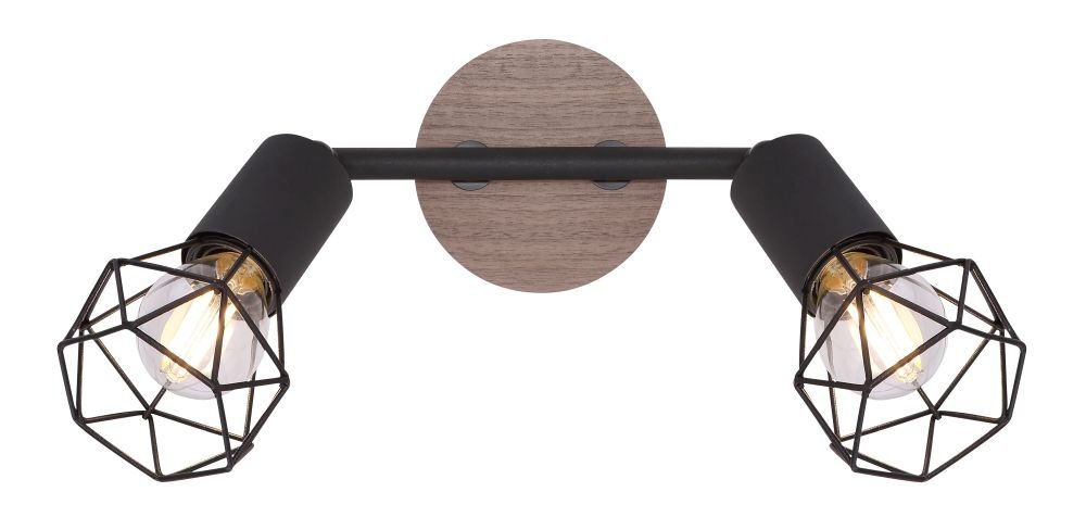 Lampa sufitowa z dwoma źródłami światła, wykonana z czarnego metalu i brązowego drewna, z geometrycznymi kloszami w formie siatki. Montowana na okrągłej, drewnianej podstawie.