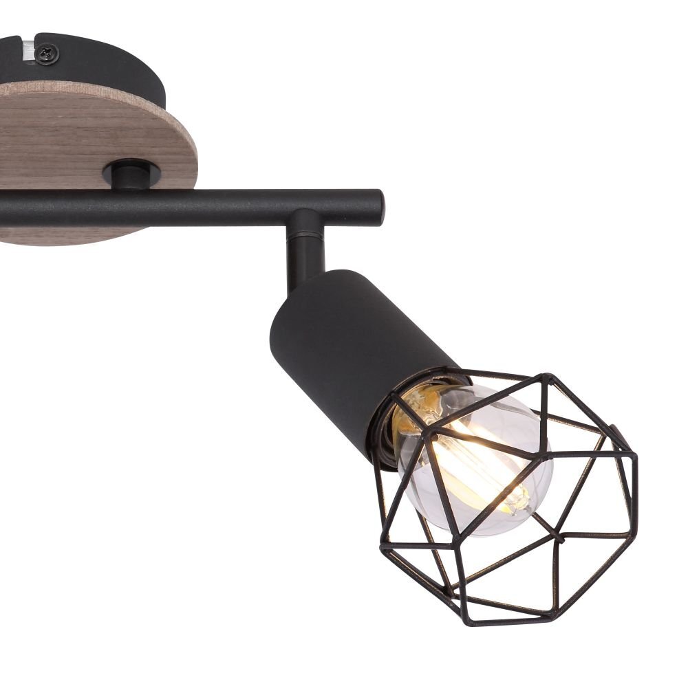 Lampa sufitowa z czarnym metalowym korpusem i brązowym drewnianym elementem, posiada klosz w formie metalowej siatki otaczającej żarówkę.