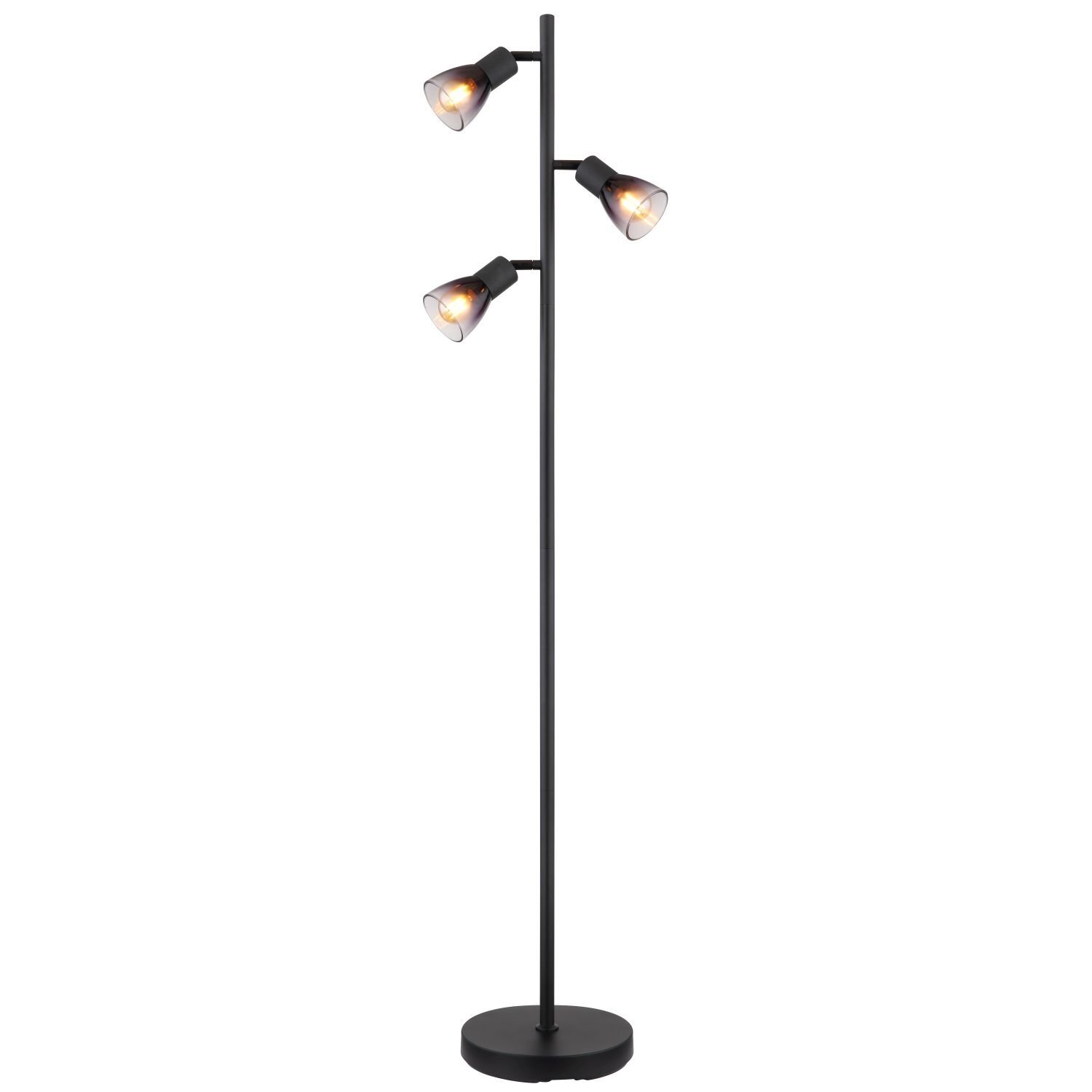 Czarna lampa podłogowa z trzema regulowanymi reflektorkami na pionowym stojaku. Reflektorki są skierowane w różnych kierunkach, a lampa stoi na okrągłej podstawie.