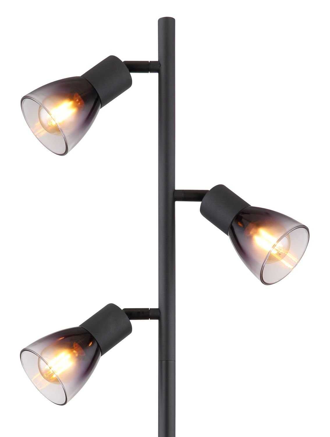 Lampa podłogowa z trzema regulowanymi reflektorkami o nowoczesnym designie. Reflektorki mają przezroczyste klosze, przez które widać żarówki.